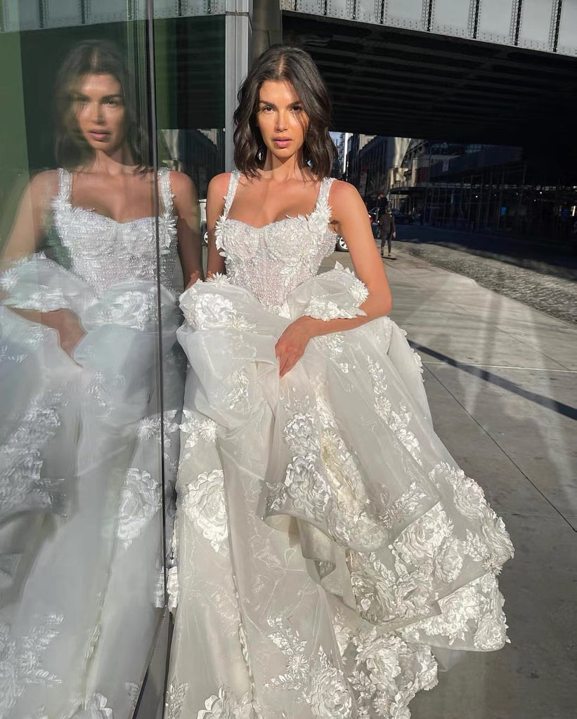 Newest Spaghetti Straps A-line Lace Appliques Side Slit Wedding Dresses,WDS0122