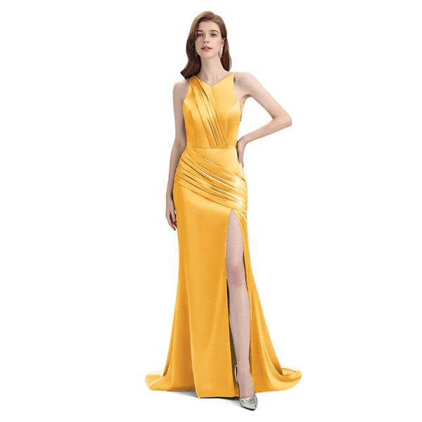 Marigold Mismatch Sleeveless Side Slit Mermaid Bridesmaid Dressess, BDS0395
