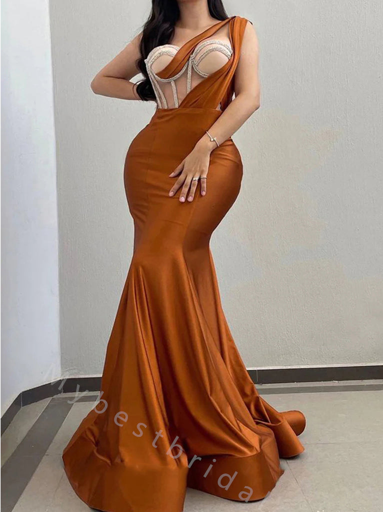 Elegant One Shoulder Sleeveless Mermaid Long Prom Dress,PDS11516