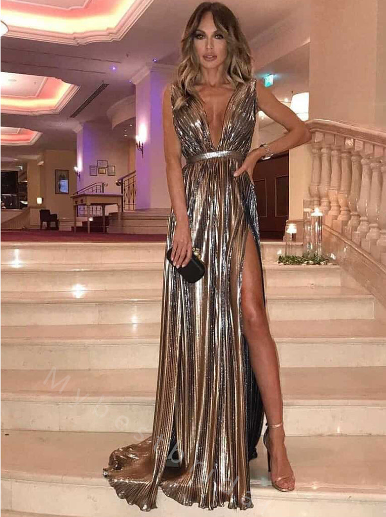 Sparkly V-neck Side Slit A-line Long Prom Dress,PDS11537
