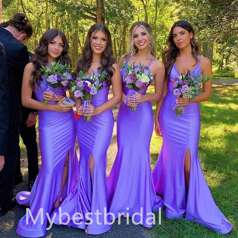 Elegant V-neck Sleeveless Side slit Long Mermaid Bridesmaid Dressess, BDS0310