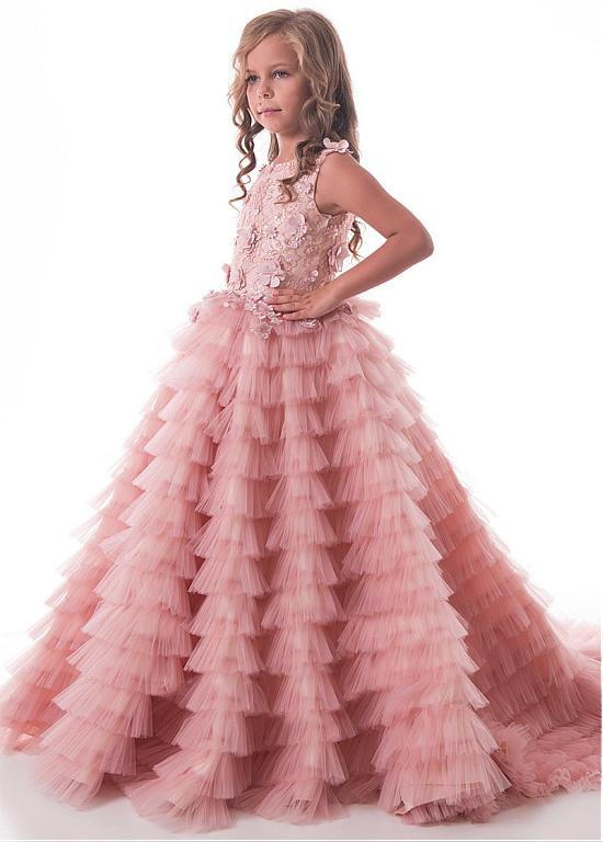 Modest Tulle Lace Scoop Floor-length Flower Girl Dresses With Handmade Flowers & Beadings ,FGY0160