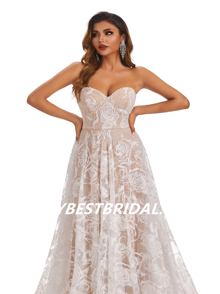 Lvory Lace Chiffon Sweetheart A-line Applique Floor-length Wedding Dresses, WDY0180