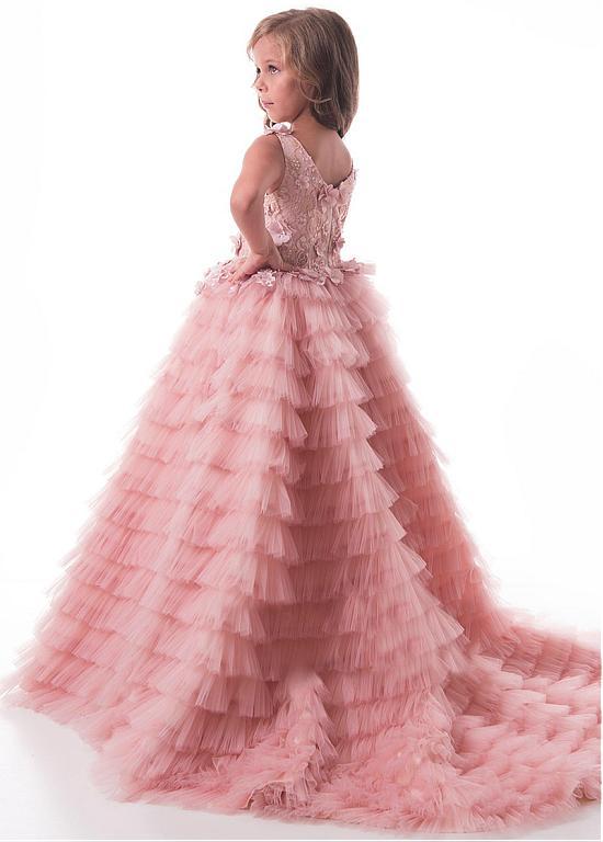 Modest Tulle Lace Scoop Floor-length Flower Girl Dresses With Handmade Flowers & Beadings ,FGY0160