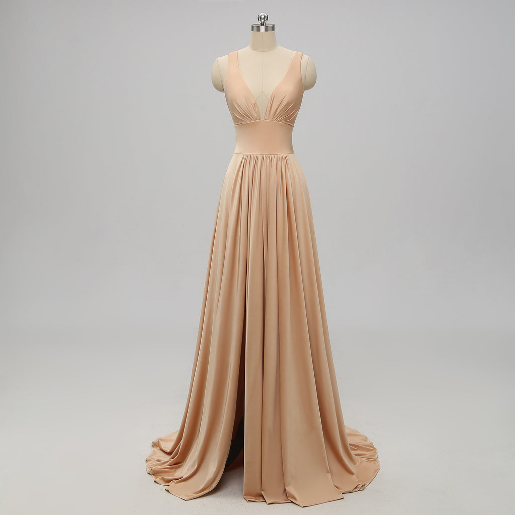 V-neck Side Slit Long Gold Bridesmaid Dresses,Sexy Bridesmaid Dresses,WGY0201