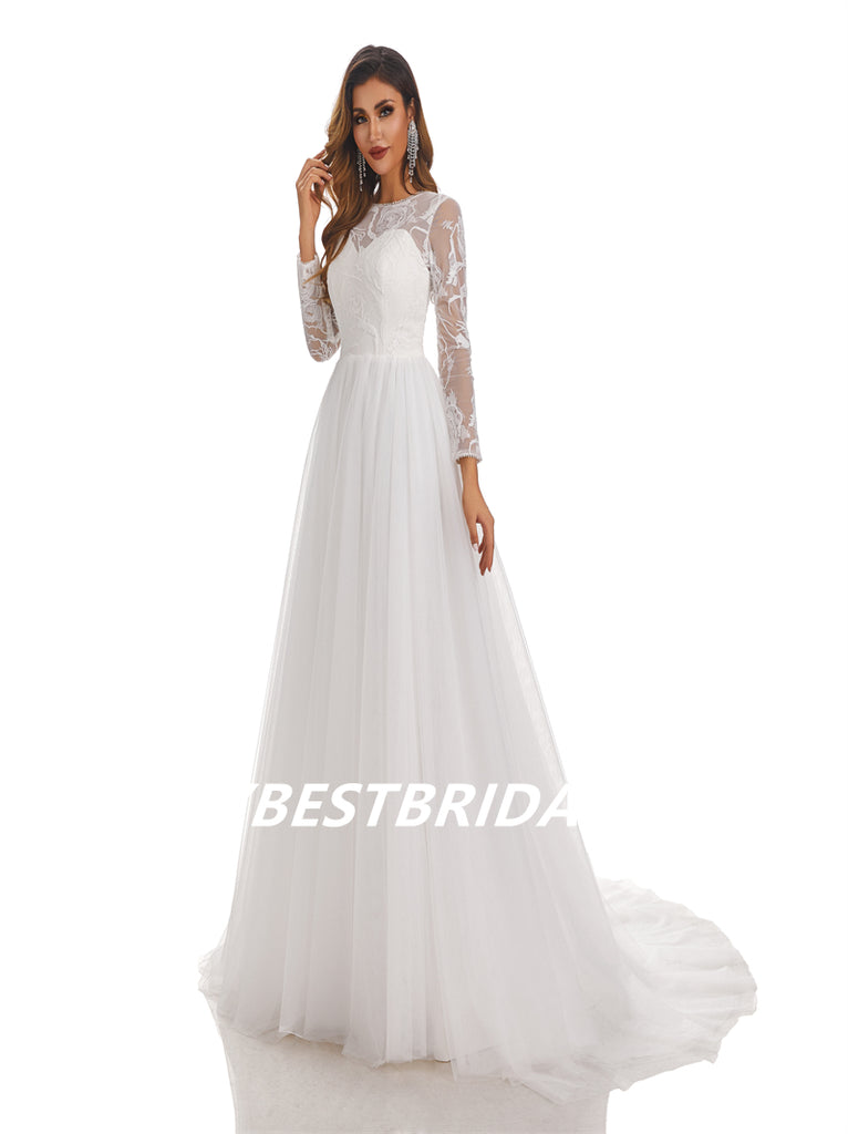 Lvory A-Line Floor-length applique Long Sleeves Handmade Lace Wedding Dressess, WDY0183