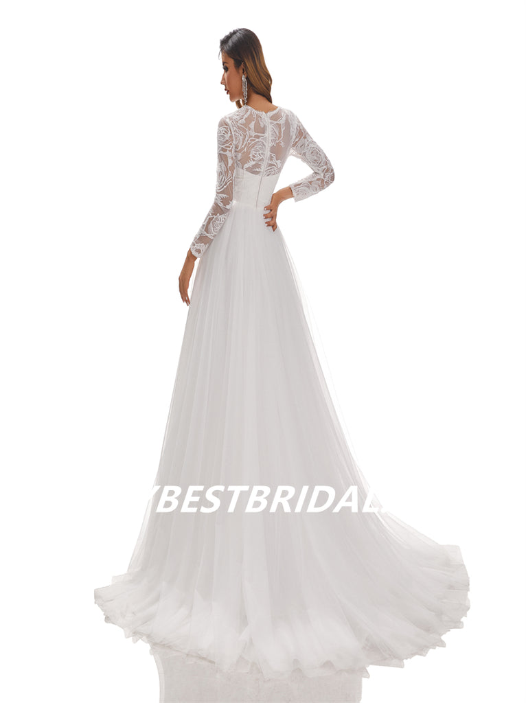 Lvory A-Line Floor-length applique Long Sleeves Handmade Lace Wedding Dressess, WDY0183