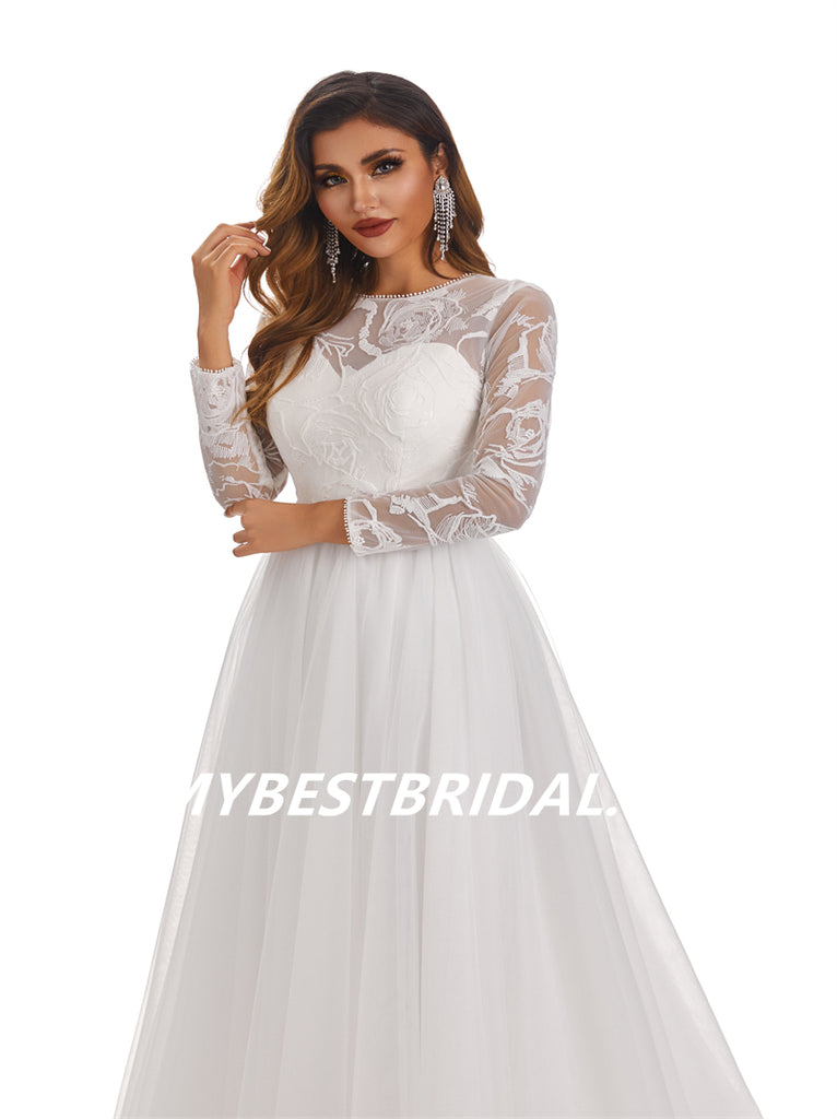 Lvory A-Line Floor-length applique Long Sleeves Handmade Lace Wedding Dressess, WDY0183