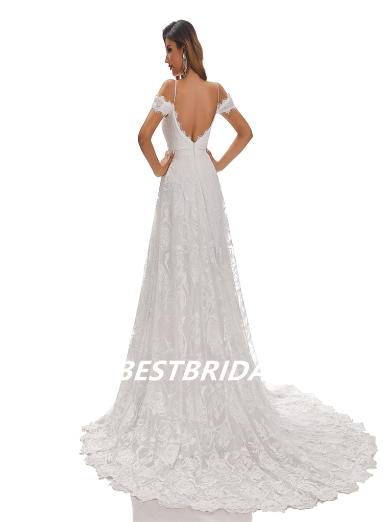 Ivory A-Line Spaghetti Straps Off Shoulder Side Slit Handmade Lace Wedding Dresses, WDY0185