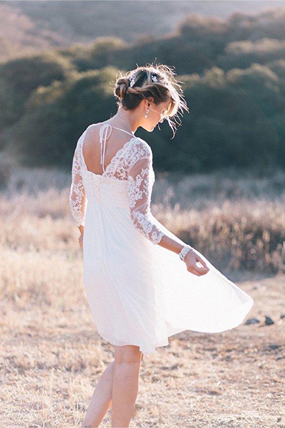 Cheap Long Sleeve Lace Short Beach Wedding Dresses, WDY0199