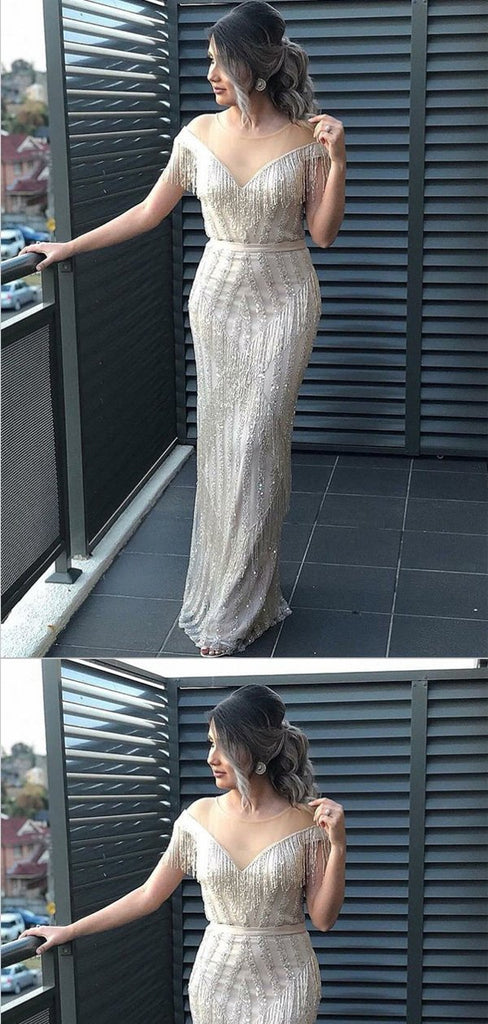 Sheath Illusion Round Neck Silver Tulle Prom Dresses,Cheap Prom Dresses,PDY0490