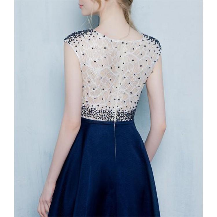 A line Prom Dresses, Blue Prom Dresses, Long Prom Dresses With Beaded/Beading Cap Sleeve Bateau ,PDY0307