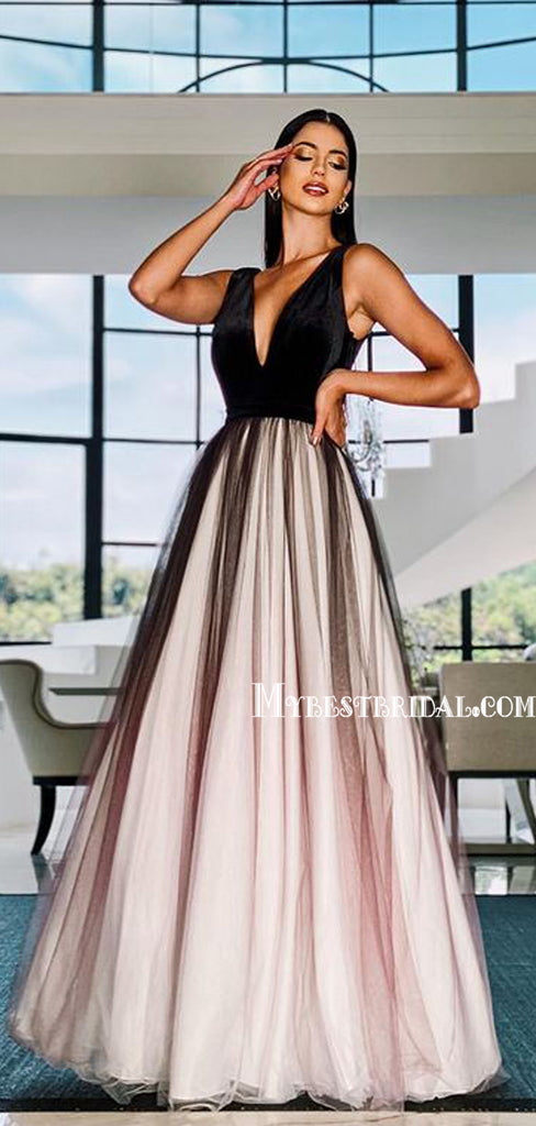 Simple V-neck A-line Tulle Floor-length Long Prom Dresses, PDS0238