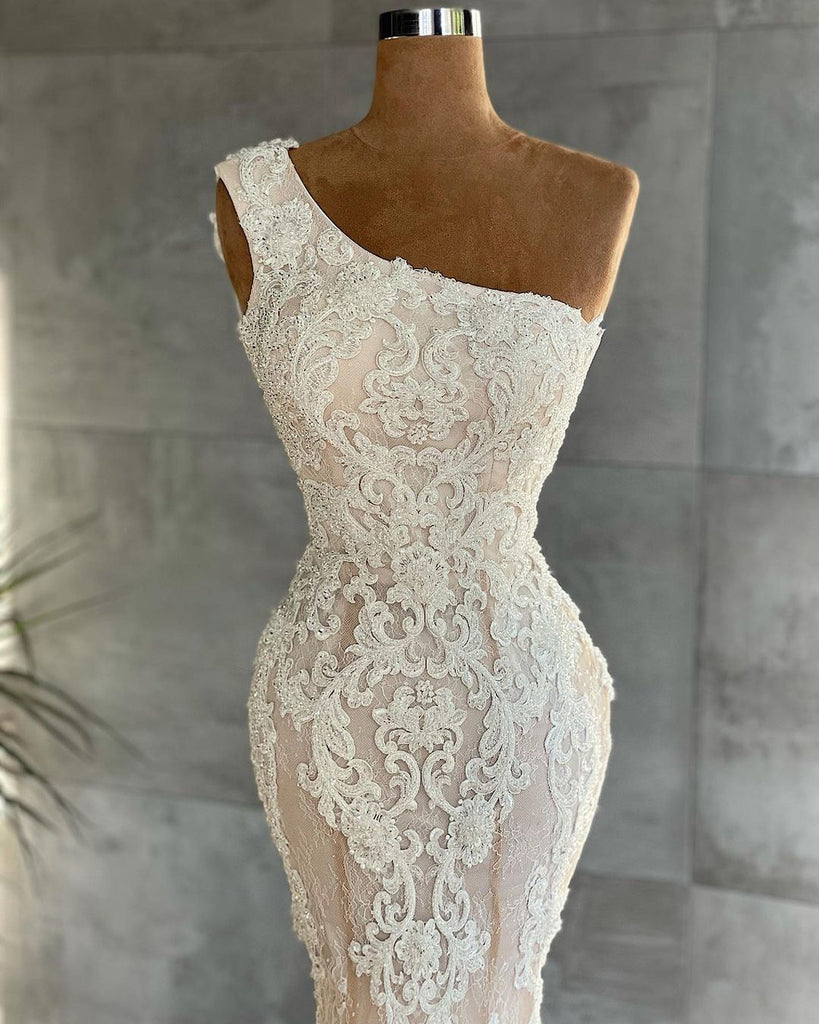 Simple One-shoulder Lace Mermaid Cheap Beach Wedding Dresses Online, WDY0257