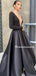 Sexy V-neck Long Sleeve A-line Satin Black Simple Long Prom Dresses, PDS0228