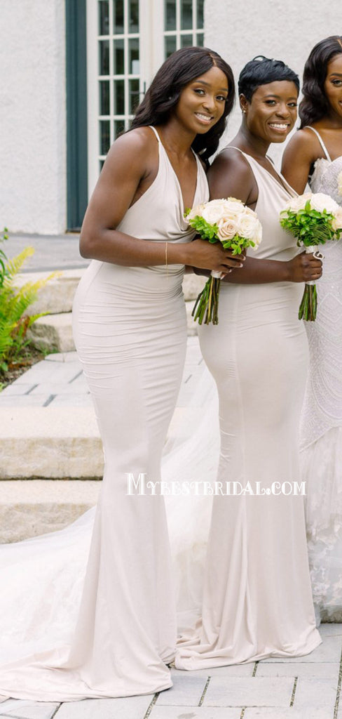 Sexy V-neck White Mismatched Mermaid Long Bridesmaid Dresses, BDS0160