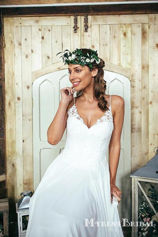 Summer Beach Spaghetti Straps Newest Long Chiffon Lace Wedding Dresses, TYP0093