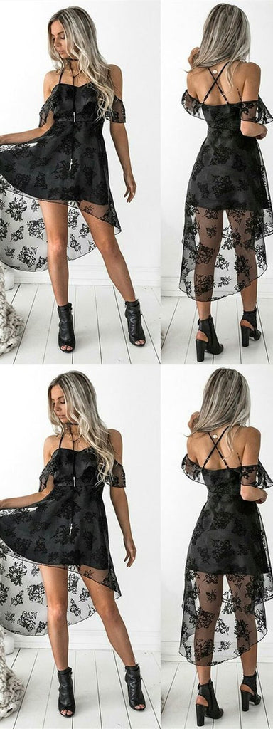 High Low Homecoming Dress with Ruffles, Spaghetti Straps Homecoming Dress, Black Lace Homecoming Dress,BDY0265