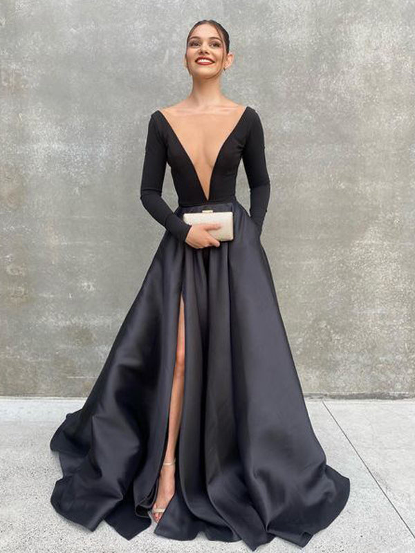 Sexy V-neck Long Sleeve A-line Satin Black Simple Long Prom Dresses, PDS0228