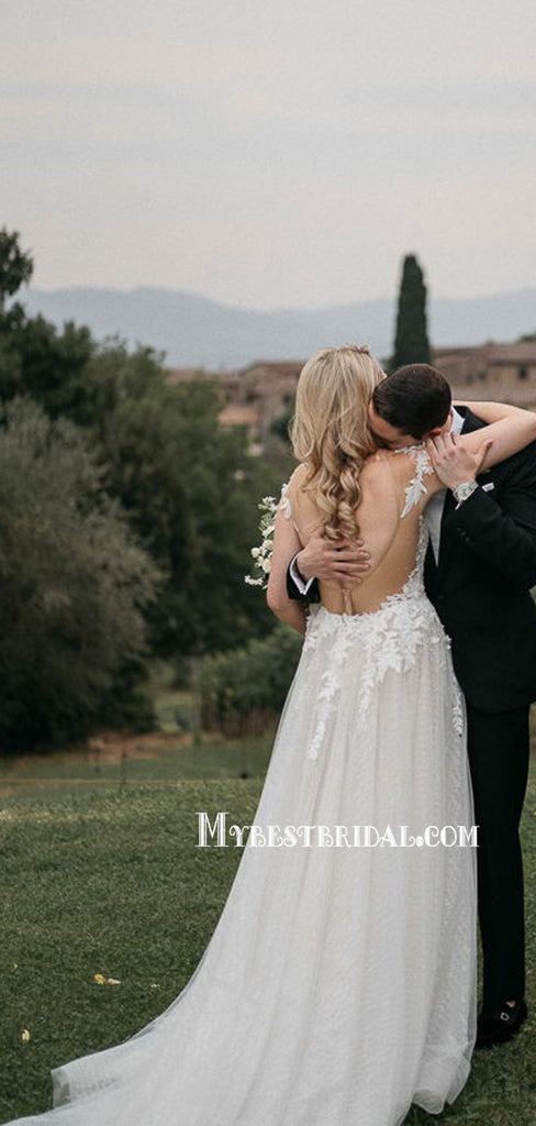 Spaghetti Straps A-line Tulle Lace Long Wedding Dresses With Train. WDS0112