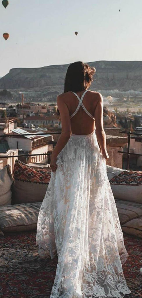 V-neck Ivory Lace Beach Wedding Dresses.Cheap Wedding Dresses, WDY0279