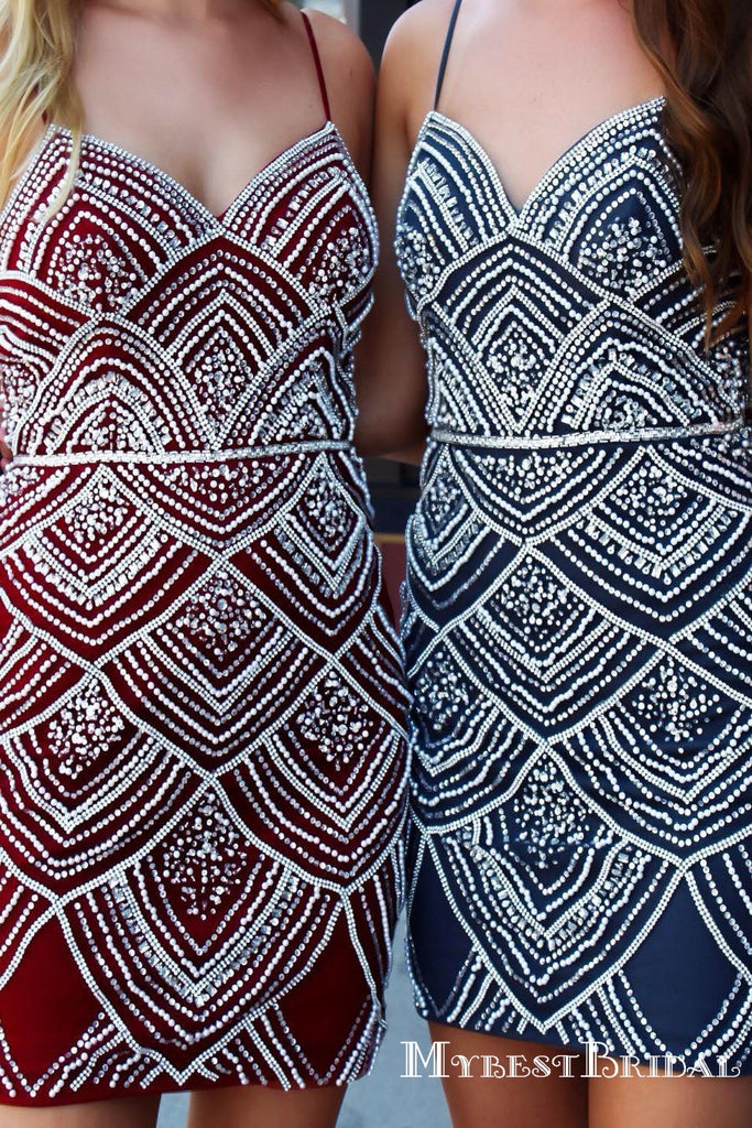 Spaghetti Straps Sheath Heavy Beading Red Homecoming Dresses, TYP0043