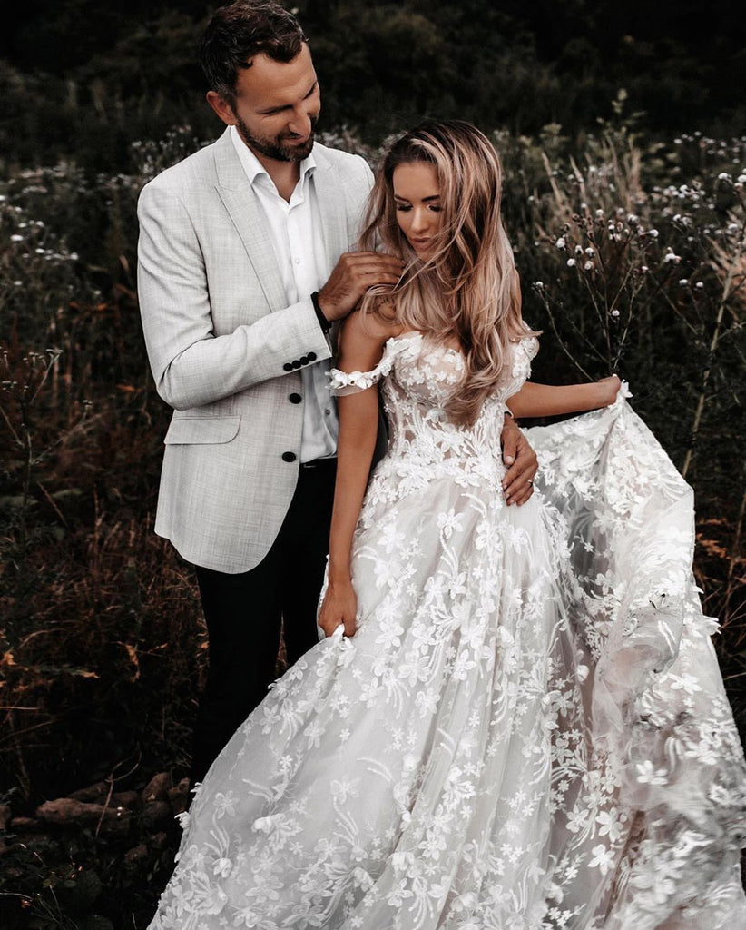 Romantic Off-The-Shoulder Lace Appliqued Long Cheap Wedding Dresses, WDS0046