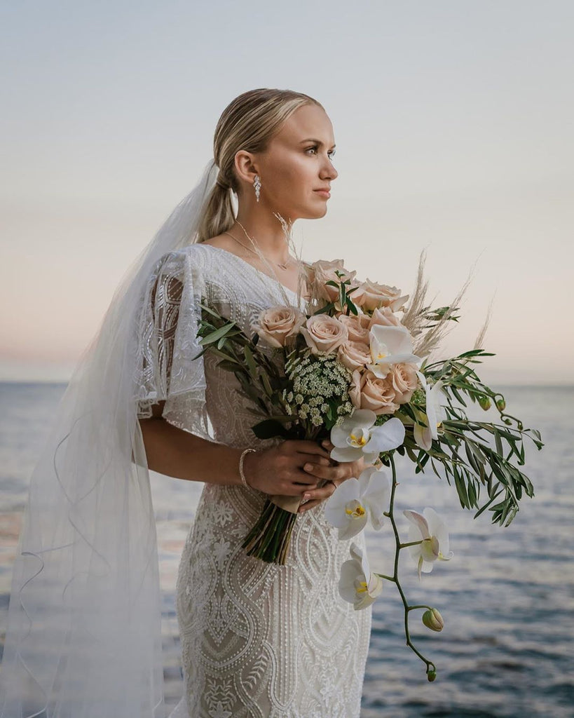 Short Sleeve V-neck Lace Mermaid Long Cheap Wedding Dresses, WDS0054