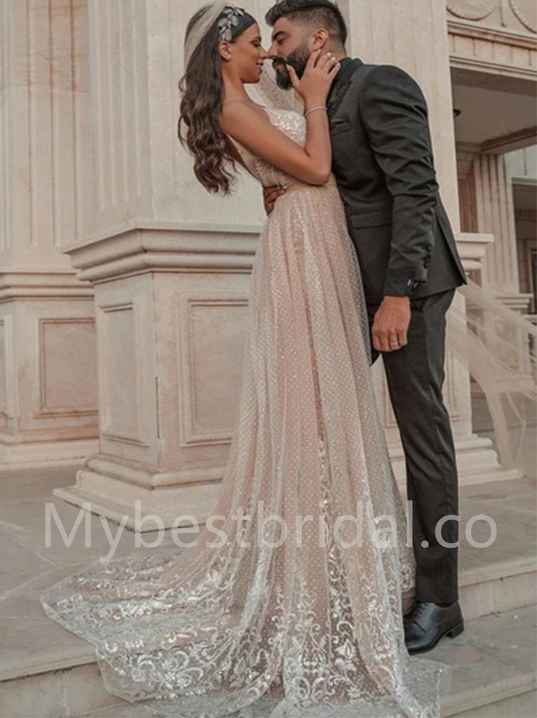 Elegant V-neck  Sleeveless A-line tulle Wedding Dresses, WDY0279