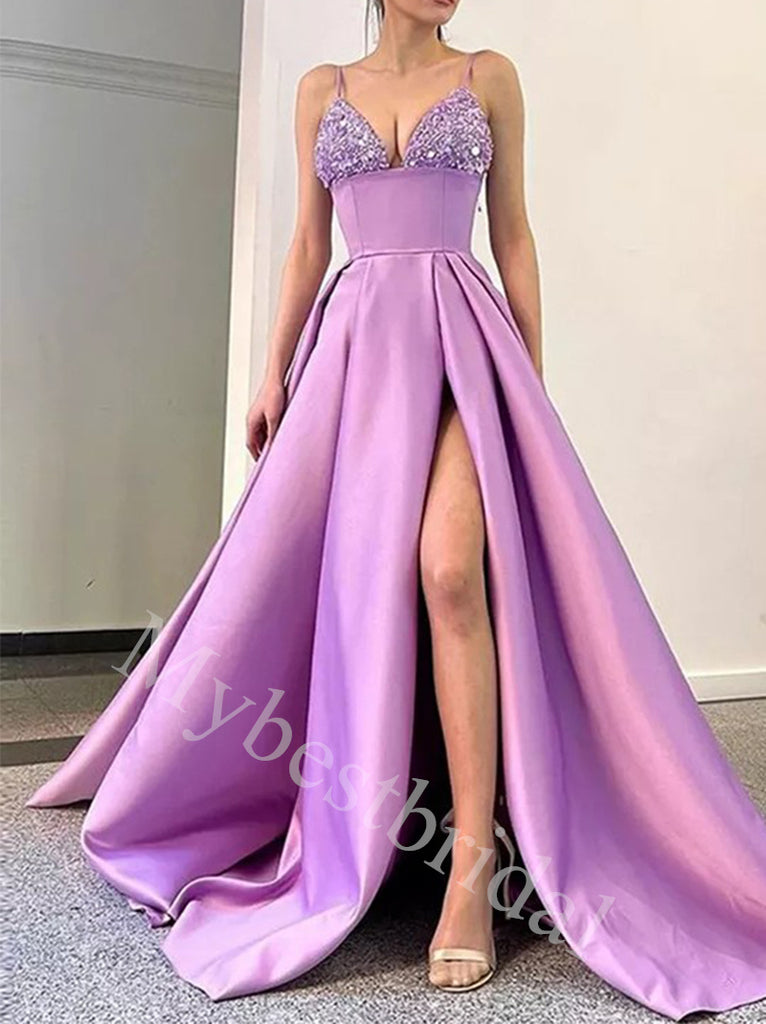 Sexy V-neck Sleeveless Side slit A-line Prom Dresses,PDS0944
