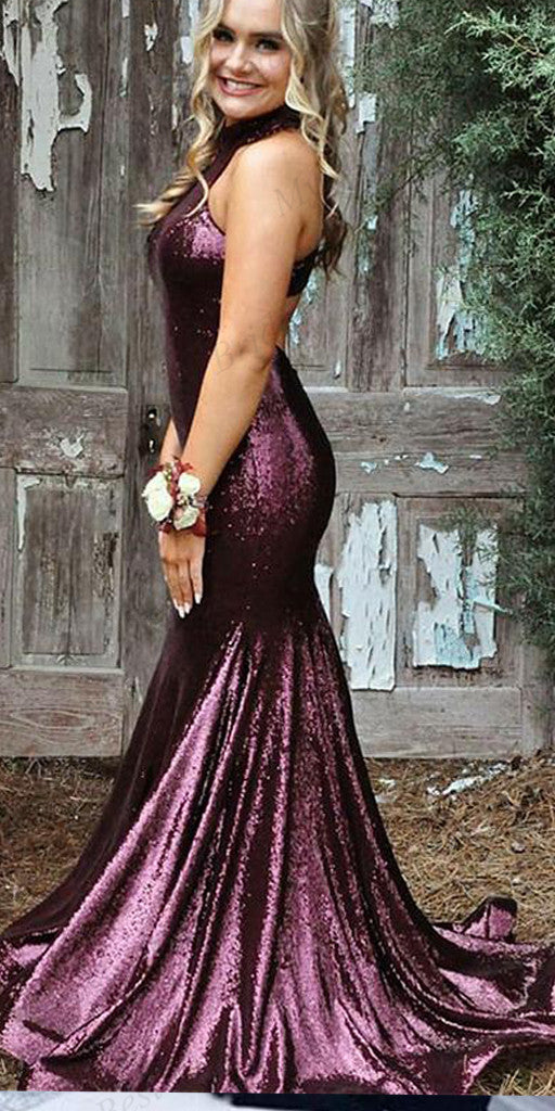 Mermaid High-neck Purple Sequin Evening Dresses ,Cheap Prom Dresses,PDY0590