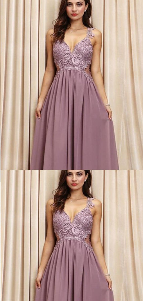 Spaghetti Straps V-neck Dusty Purple Lace Prom Dresses,Cheap Prom Dresses,PDY0481
