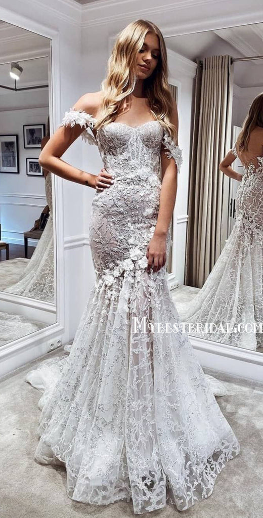 Sexy Off-shoulder Mermaid Lace Beach Wedding Dresses Online, WDY0256