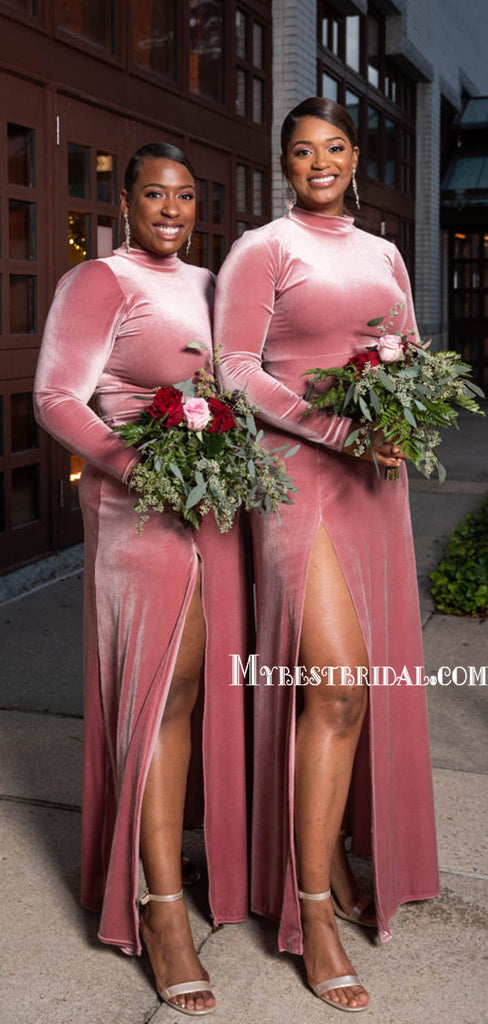 Mermaid Halter Long Sleeve Velvet Side Slit Long Bridesmaid Dresses, BDS0144