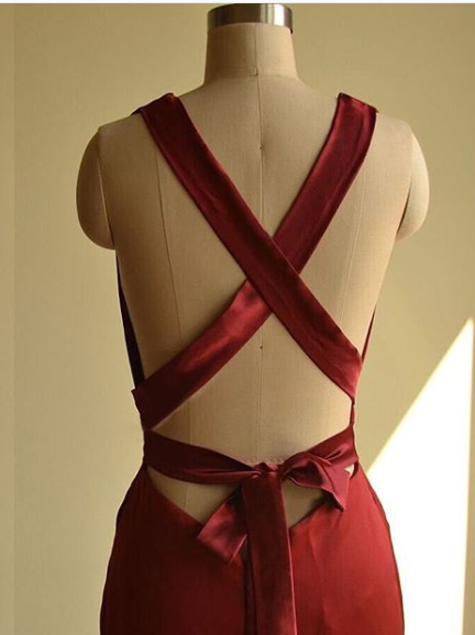 Mermaid V-neck Burgundy Satin Long Prom Dresses ,Cheap Prom Dresses,PDY0449
