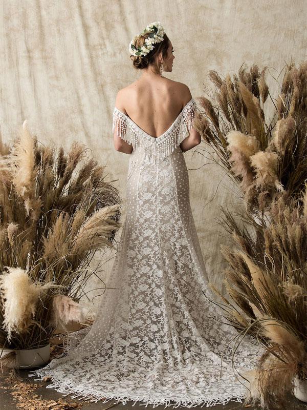 Off-the-Shoulder White Lace Beach Wedding Dresses.Cheap Wedding Dresses, WDY0281