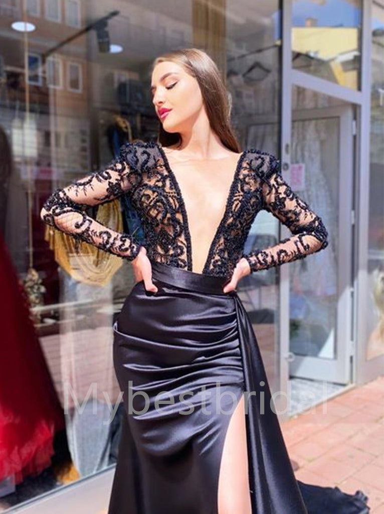 Sexy V-neck Long sleeves Side slit A-line Prom Dresses , PDS0357