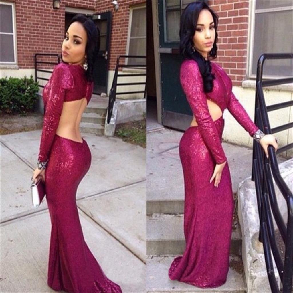 Gorgeous Long Sleeve Sexy Plum Sequin Long Mermaid Prom Dresses, BG0125