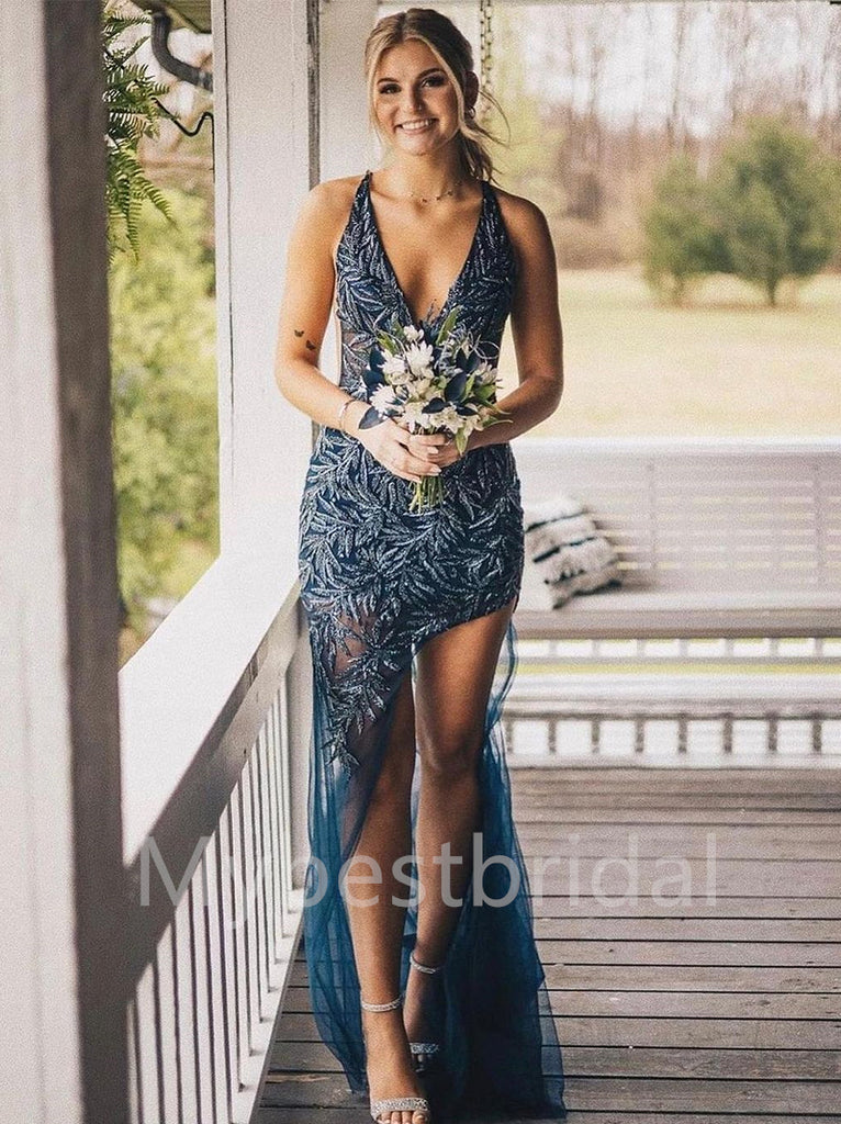 Sexy V-neck Side slit Sleeveless Mermaid Prom Dresses , PDS0363