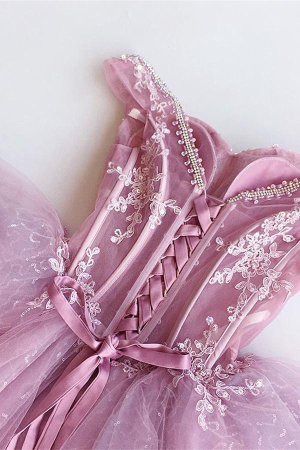 Off Shoulder Pink Lace  See Through Short Homecoming Dresses 2018, BDY0287