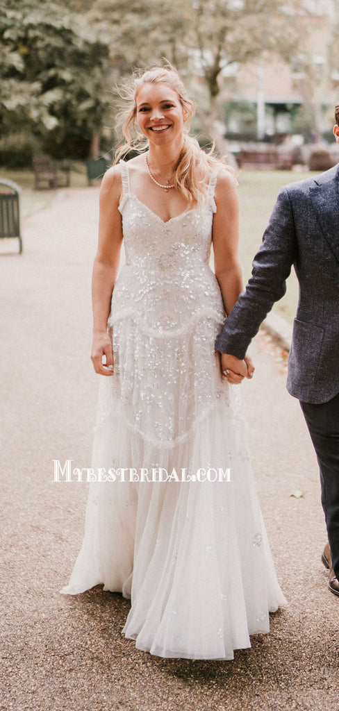 Charming Spaghetti Strap Sleeveless Open Back Long Wedding Dresses, WDS0075