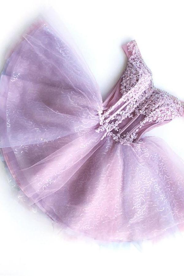 Off Shoulder Pink Lace  See Through Short Homecoming Dresses 2018, BDY0287