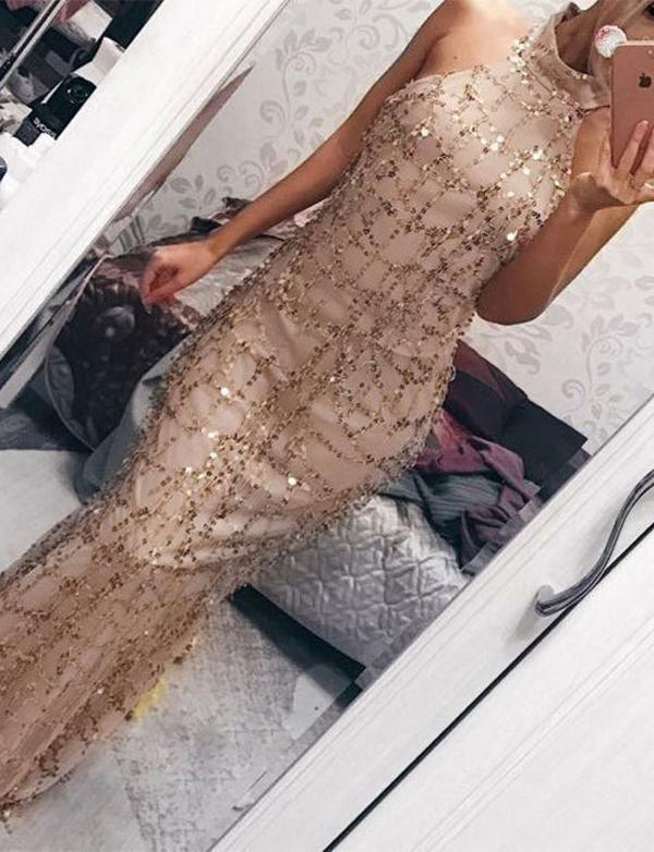 Sheath High Neck Sequied Evening Dresses ,Cheap Prom Dresses,PDY0594
