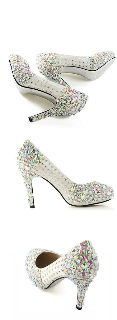 Popular Sparkly Crystal High Heels Pointed Toe White Wedding Bridal Shoes, SY0130