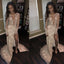 Sexy Deep V-neck See Through Shinny Lace Beaded Sexy Side Slit Long Sleeve Prom Dresses, BG0134