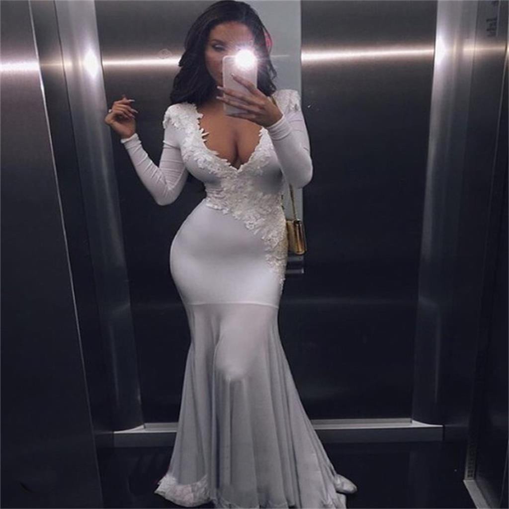 Sexy V-neck Long Sleeve White Jersey Lace Mermaid Prom Dresses, BG0138