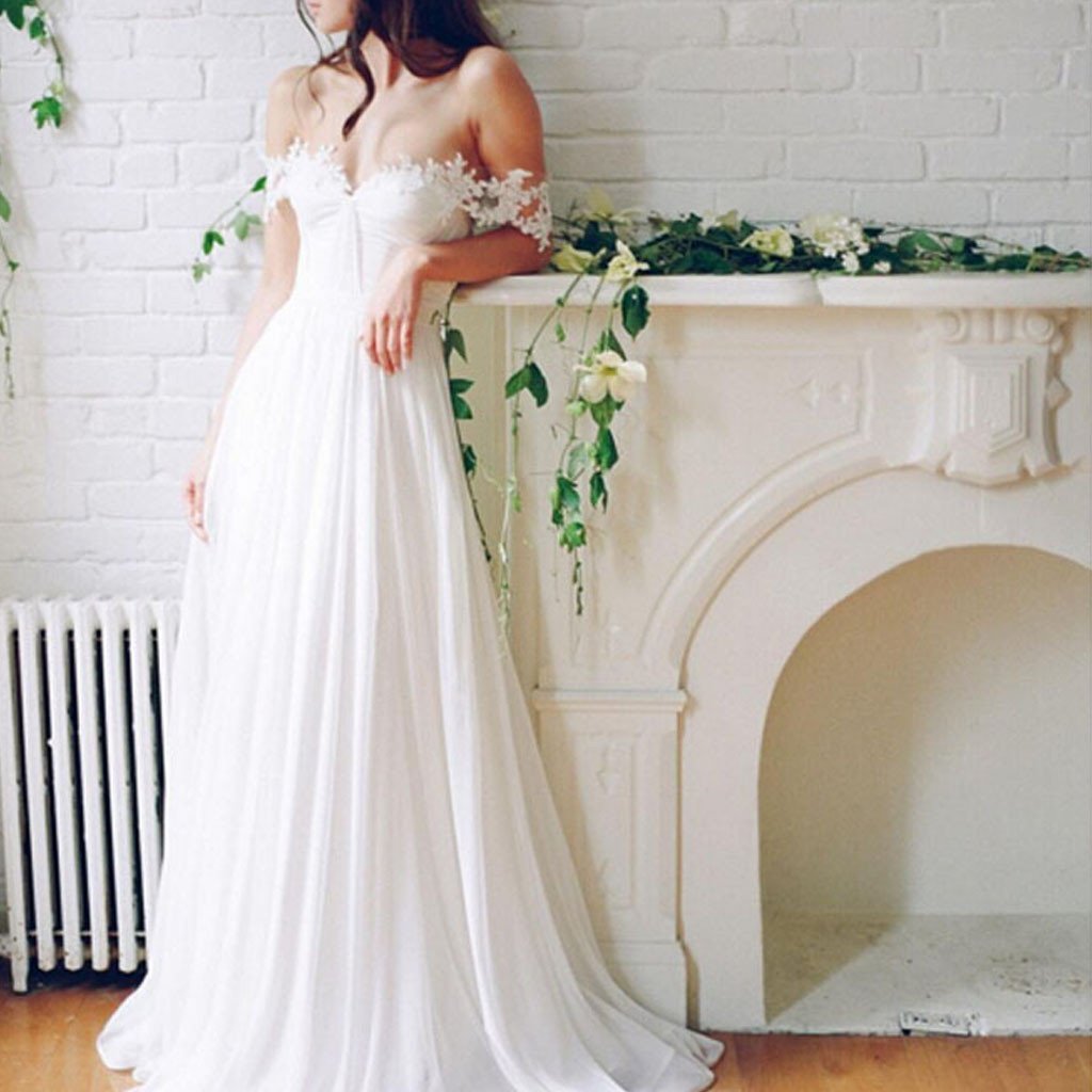 Popular Off Shoulder Long A-line White Chiffon Sexy Lace Wedding Dresses, WDY0103