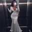 Sexy V-neck Long Sleeve White Jersey Lace Mermaid Prom Dresses, BG0138