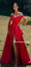 Simple Off-shoudler Red A-line Satin Long Prom Dresses, PDS0287