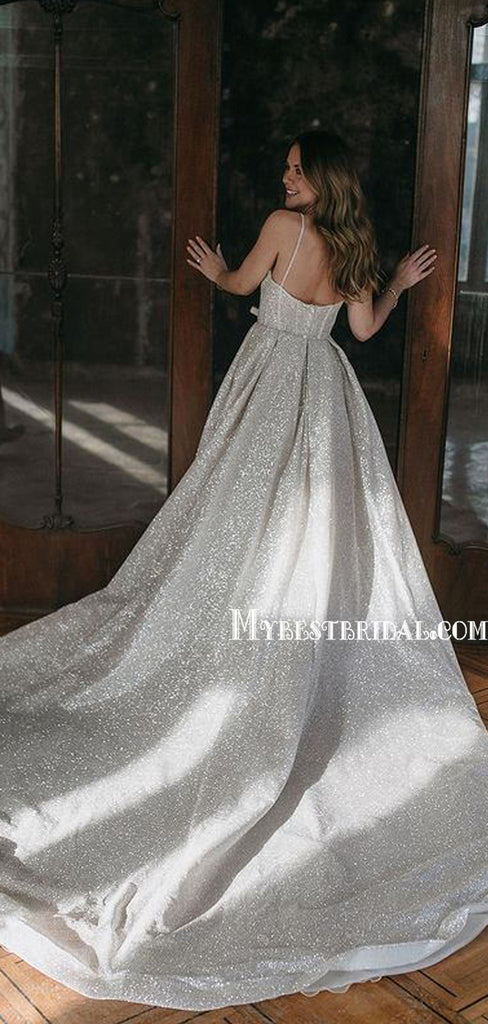 Sparkly V-neck A-line Simple Open Back Wedding Dresses With Long Train. WDS0104